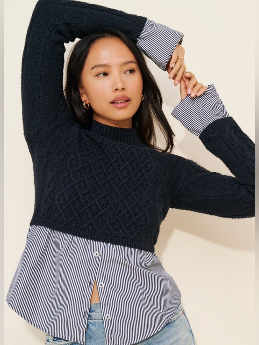 Maeve Navy Cable-Knit Pullover with Striped Shirt Hem